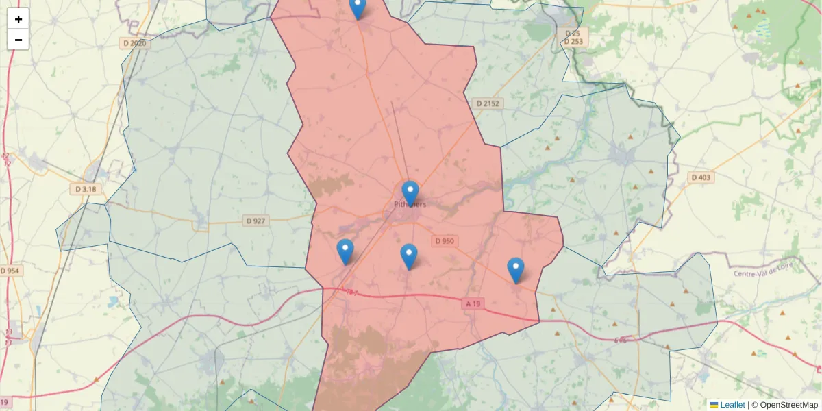 Carte de la zone du code postal  et des codes postaux voisins en France