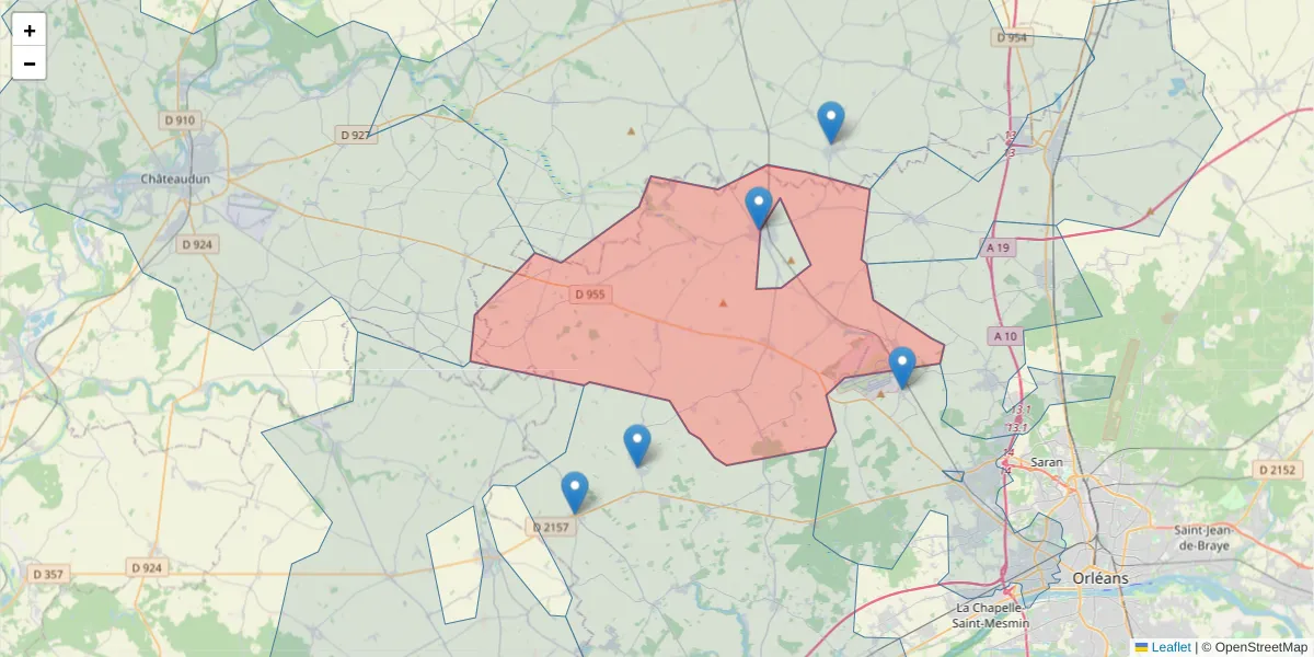 Carte de la zone du code postal  et des codes postaux voisins en France