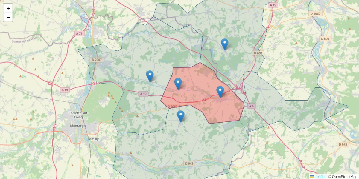 Carte de la zone du code postal  et des codes postaux voisins en France