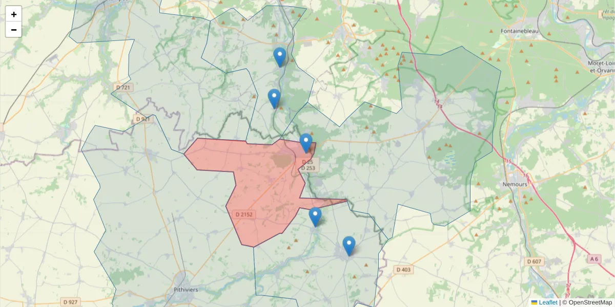 Carte de la zone du code postal  et des codes postaux voisins en France