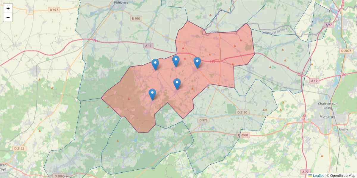 Carte de la zone du code postal  et des codes postaux voisins en France