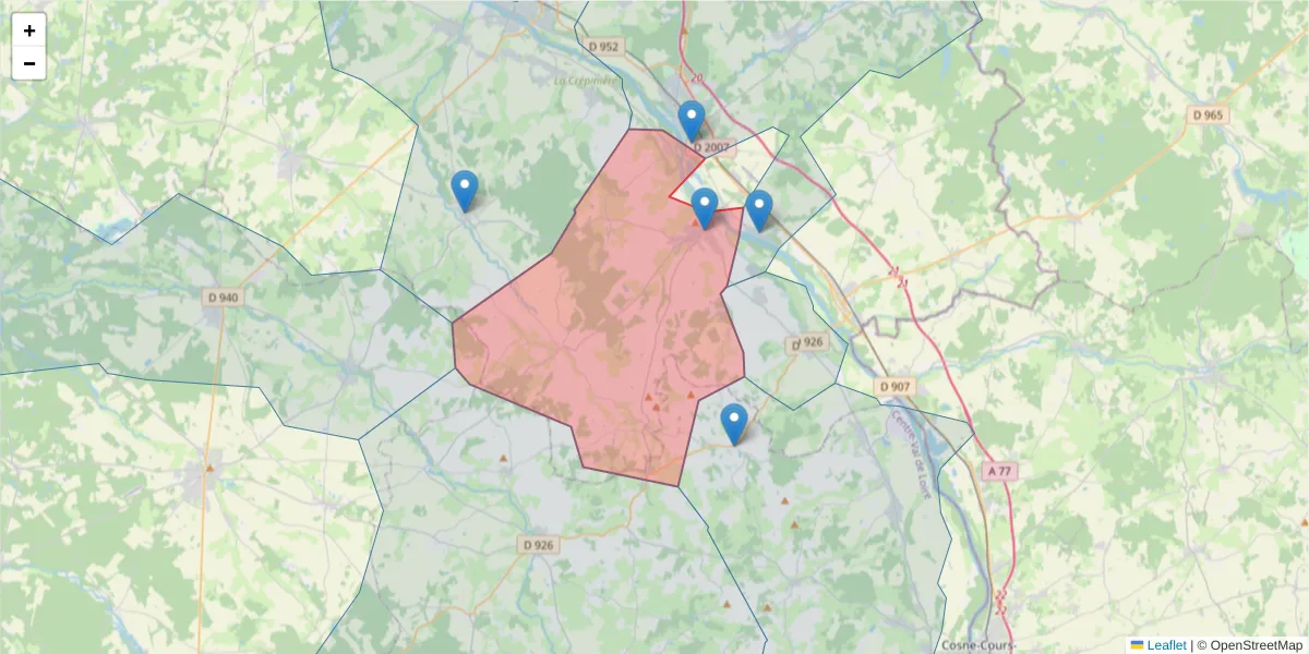 Carte de la zone du code postal  et des codes postaux voisins en France