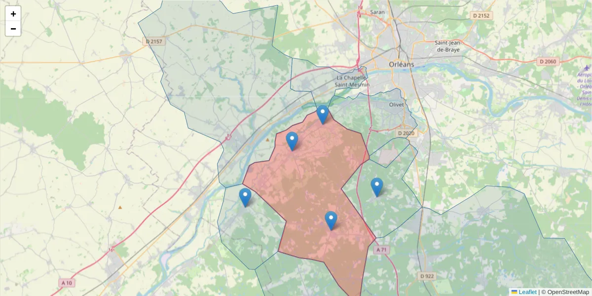 Carte de la zone du code postal  et des codes postaux voisins en France