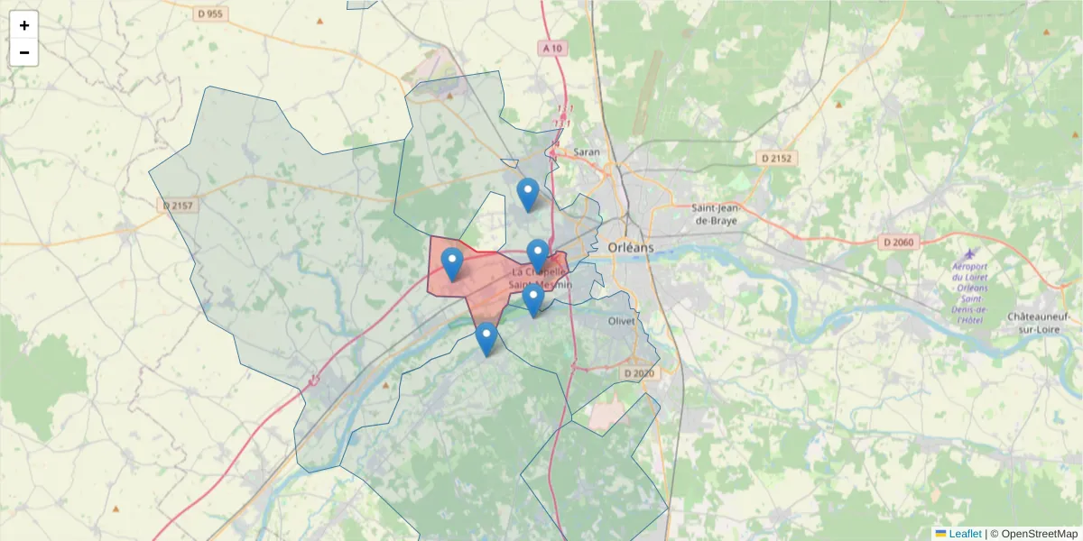 Carte de la zone du code postal  et des codes postaux voisins en France