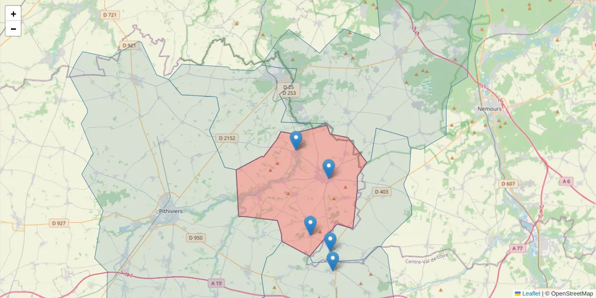 Carte de la zone du code postal  et des codes postaux voisins en France