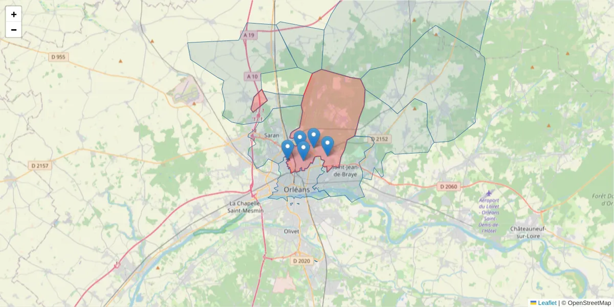 Carte de la zone du code postal  et des codes postaux voisins en France