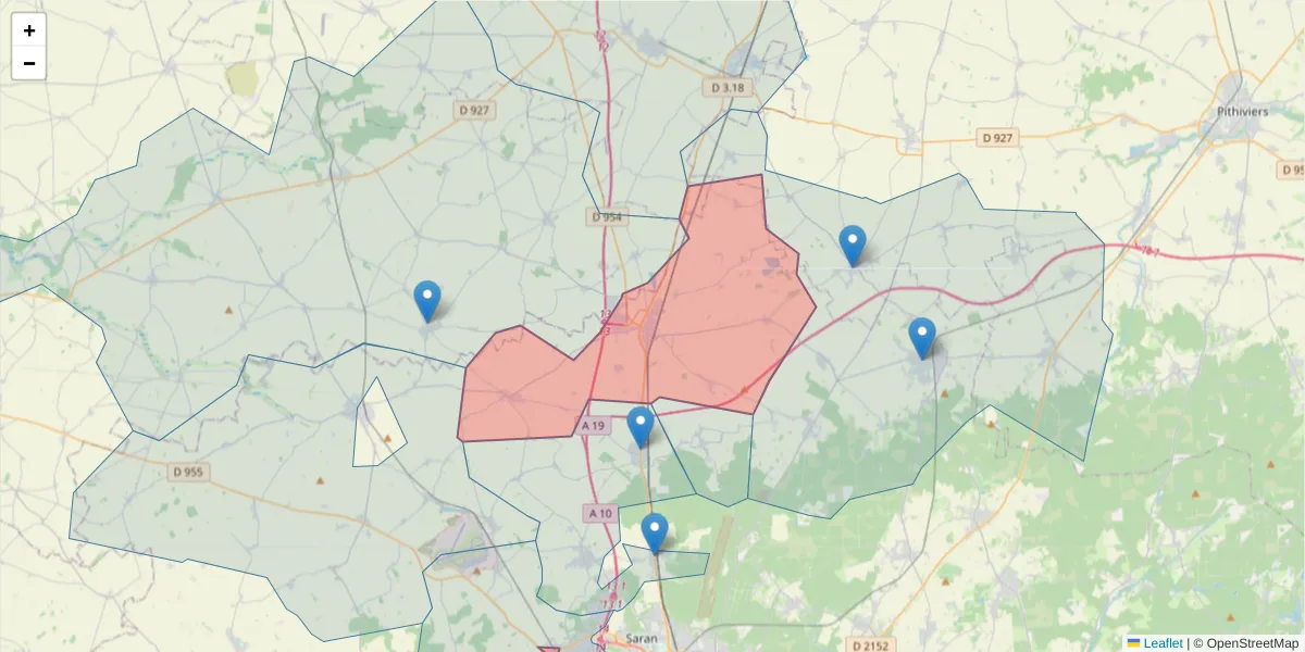 Carte de la zone du code postal  et des codes postaux voisins en France