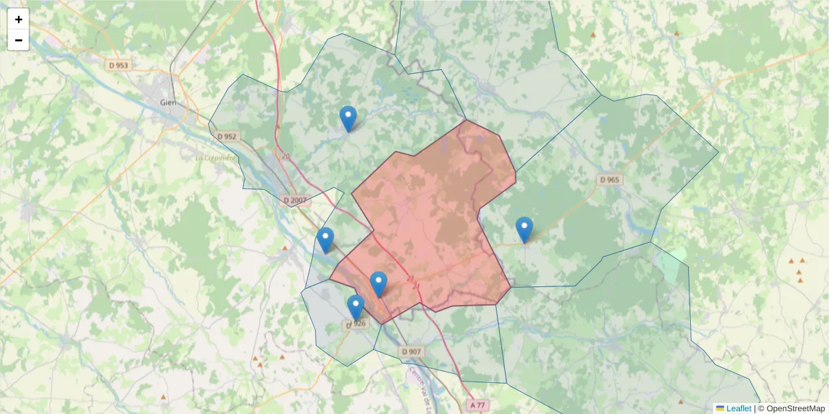 Carte de la zone du code postal  et des codes postaux voisins en France