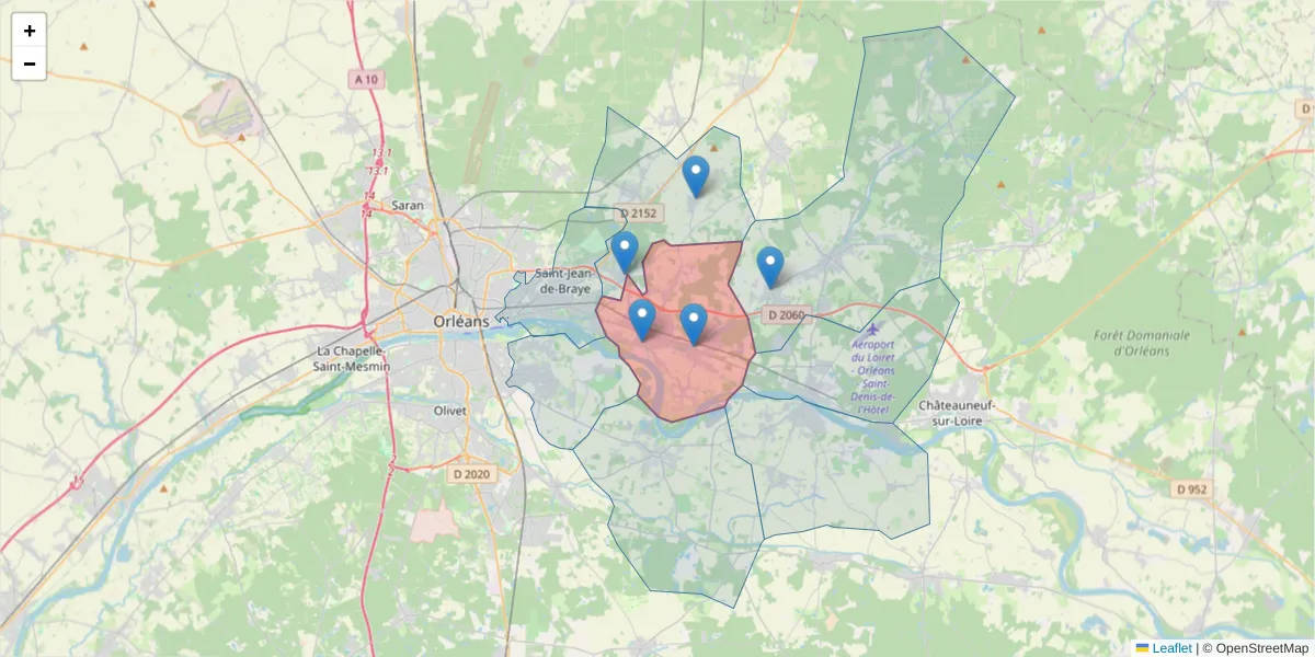 Carte de la zone du code postal  et des codes postaux voisins en France