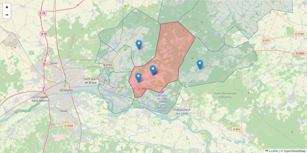 Carte de la zone du code postal  et des codes postaux voisins en France