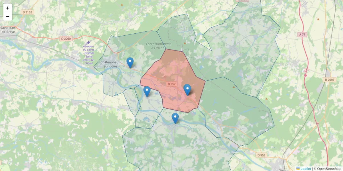 Carte de la zone du code postal  et des codes postaux voisins en France