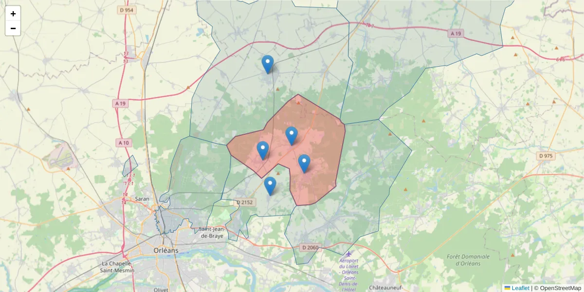 Carte de la zone du code postal  et des codes postaux voisins en France