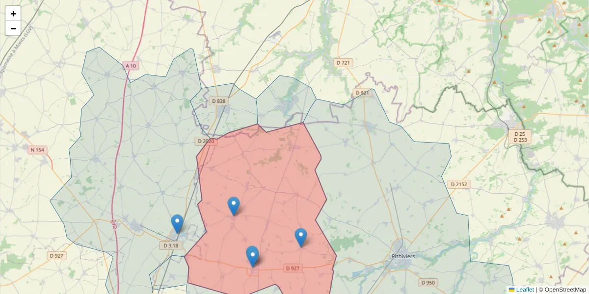 Carte de la zone du code postal  et des codes postaux voisins en France