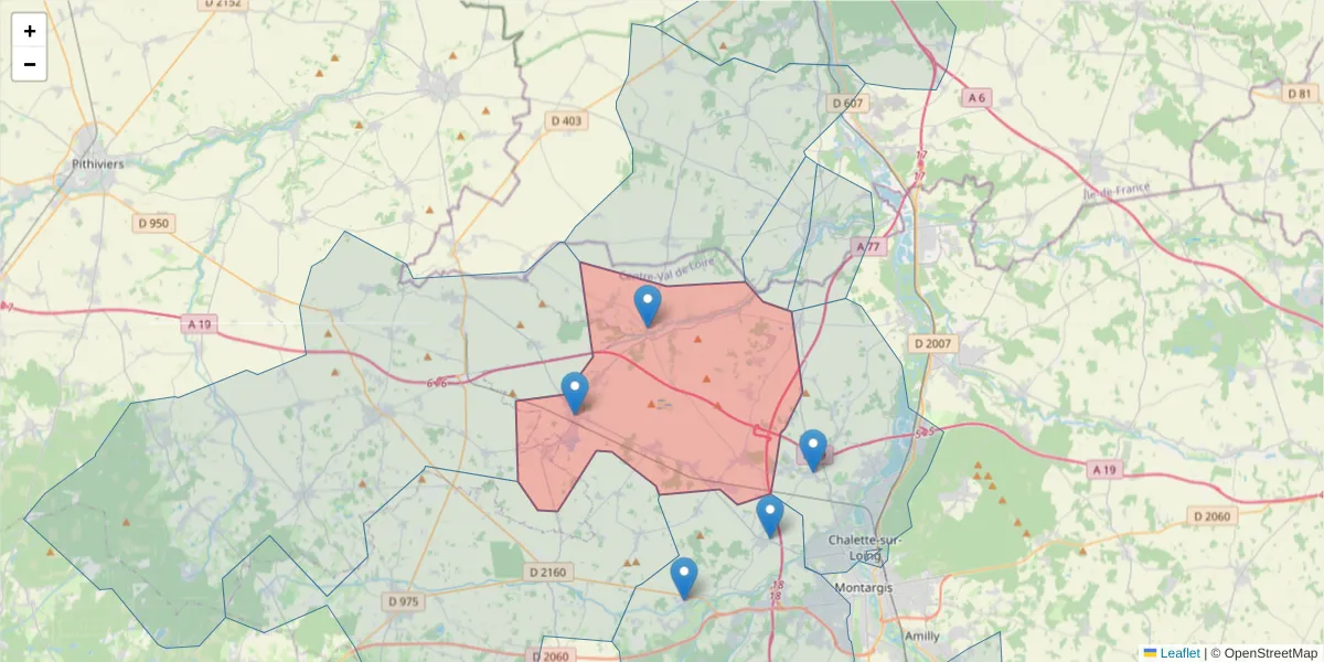 Carte de la zone du code postal  et des codes postaux voisins en France