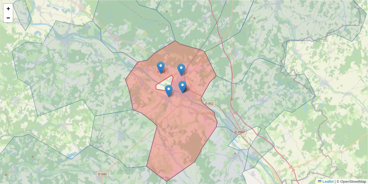 Carte de la zone du code postal  et des codes postaux voisins en France