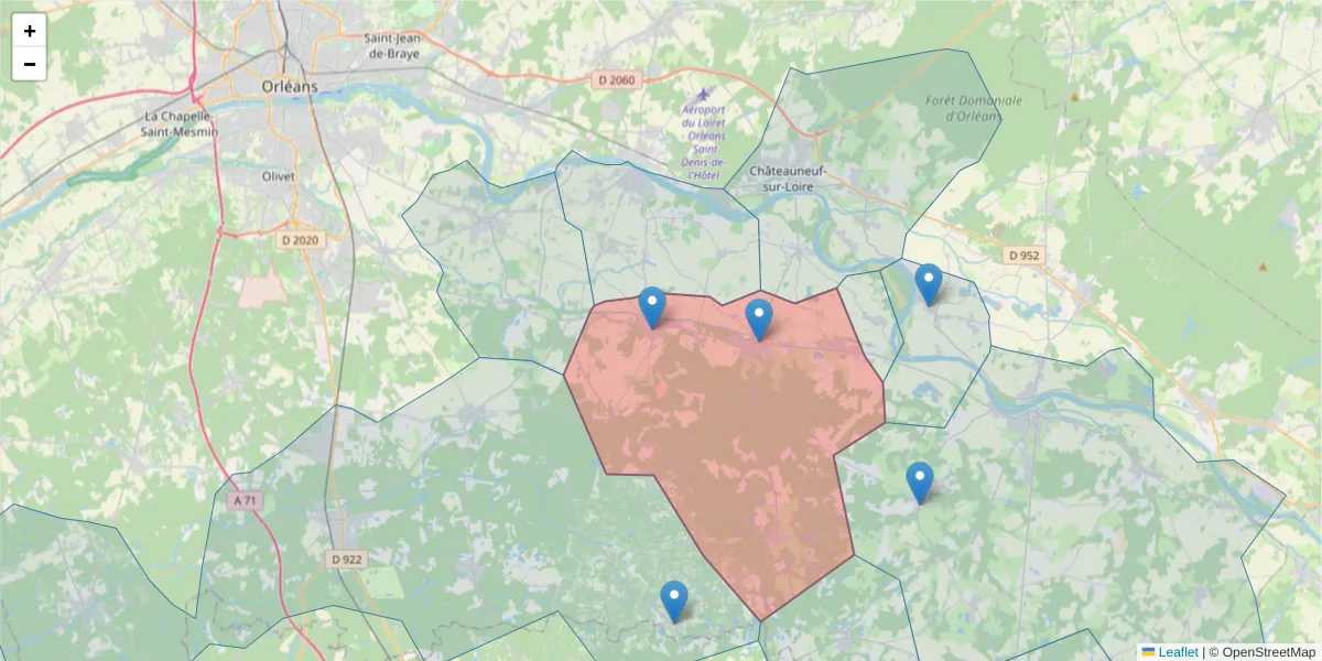 Carte de la zone du code postal  et des codes postaux voisins en France