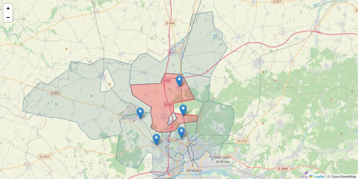 Carte de la zone du code postal  et des codes postaux voisins en France