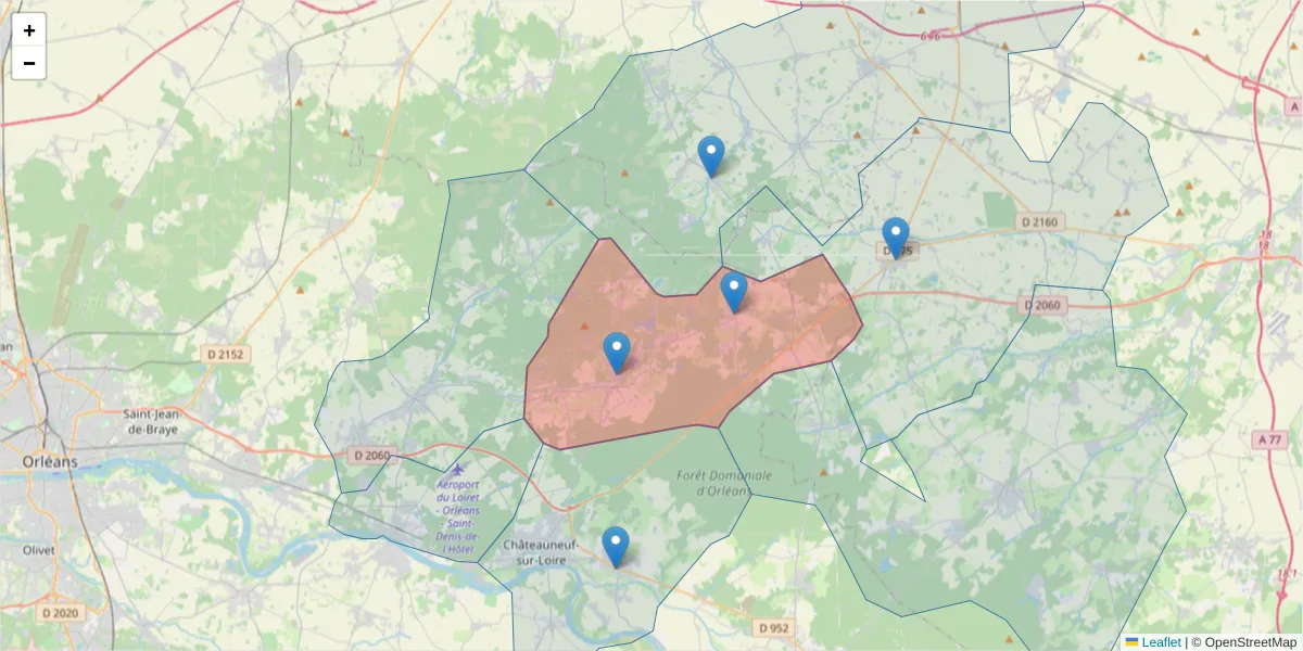 Carte de la zone du code postal  et des codes postaux voisins en France