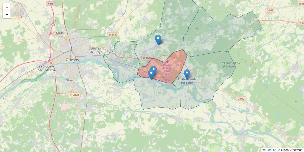 Carte de la zone du code postal  et des codes postaux voisins en France