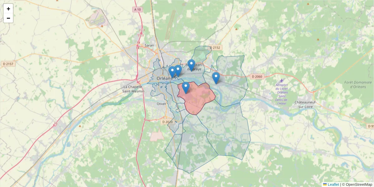 Carte de la zone du code postal  et des codes postaux voisins en France