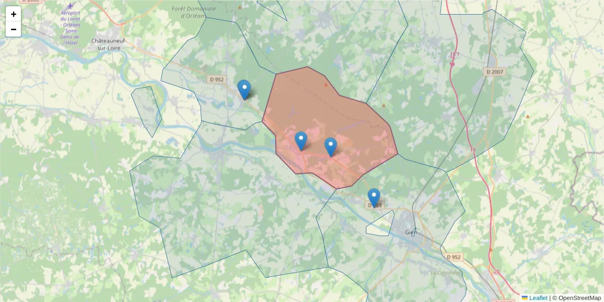 Carte de la zone du code postal  et des codes postaux voisins en France