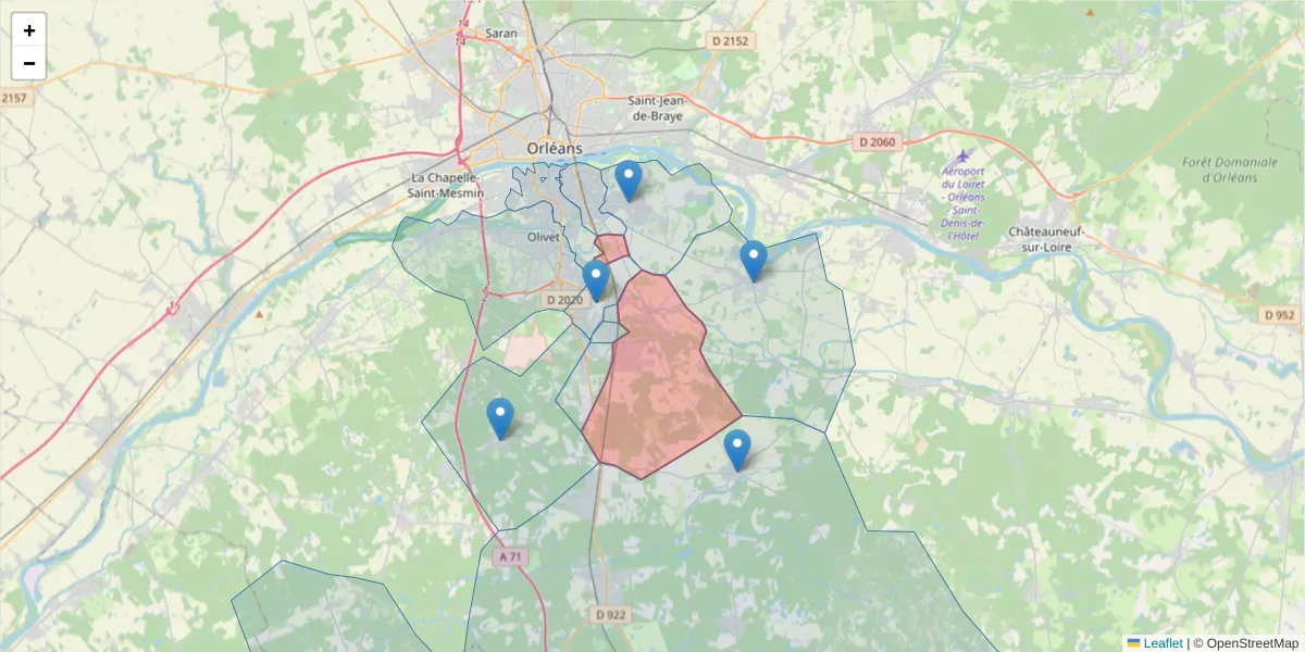 Carte de la zone du code postal  et des codes postaux voisins en France