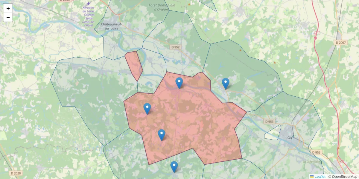 Carte de la zone du code postal  et des codes postaux voisins en France