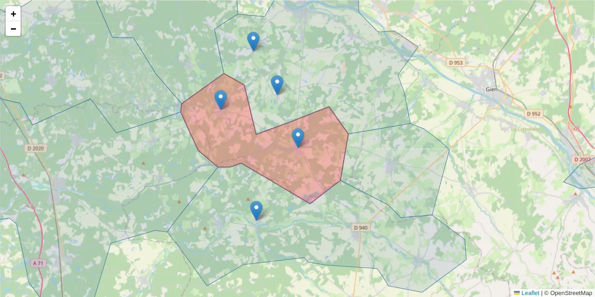 Carte de la zone du code postal  et des codes postaux voisins en France