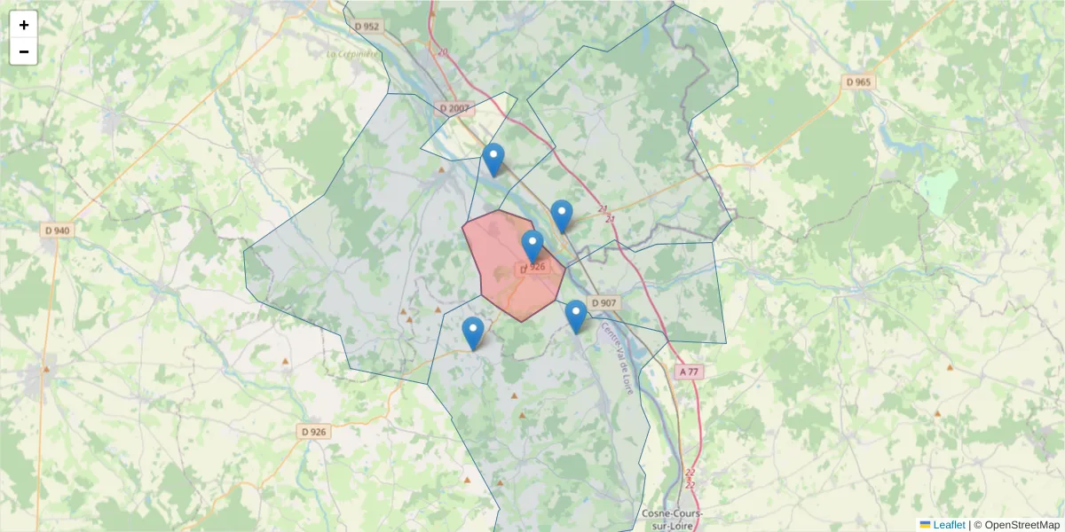 Carte de la zone du code postal  et des codes postaux voisins en France
