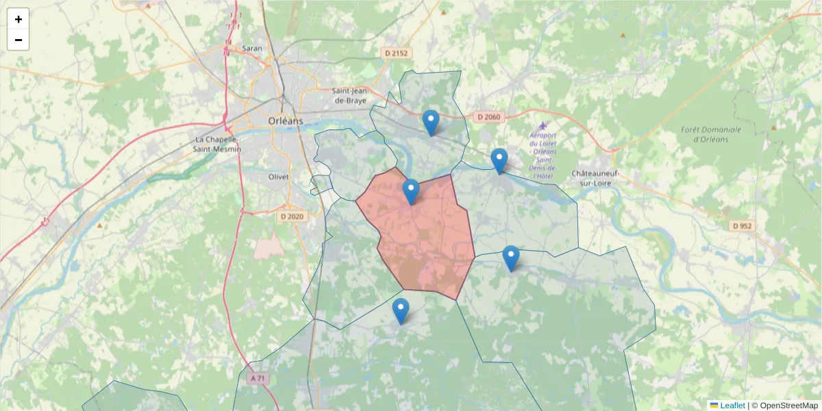 Carte de la zone du code postal  et des codes postaux voisins en France