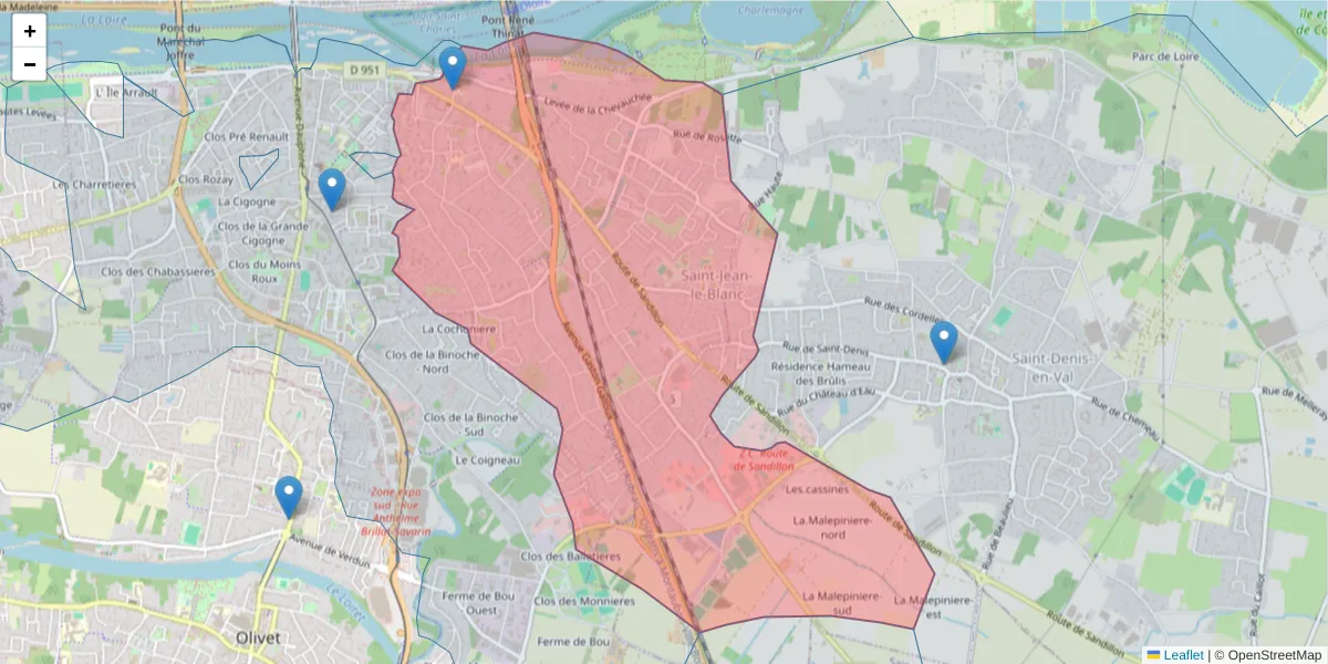 Carte de la zone du code postal  et des codes postaux voisins en France