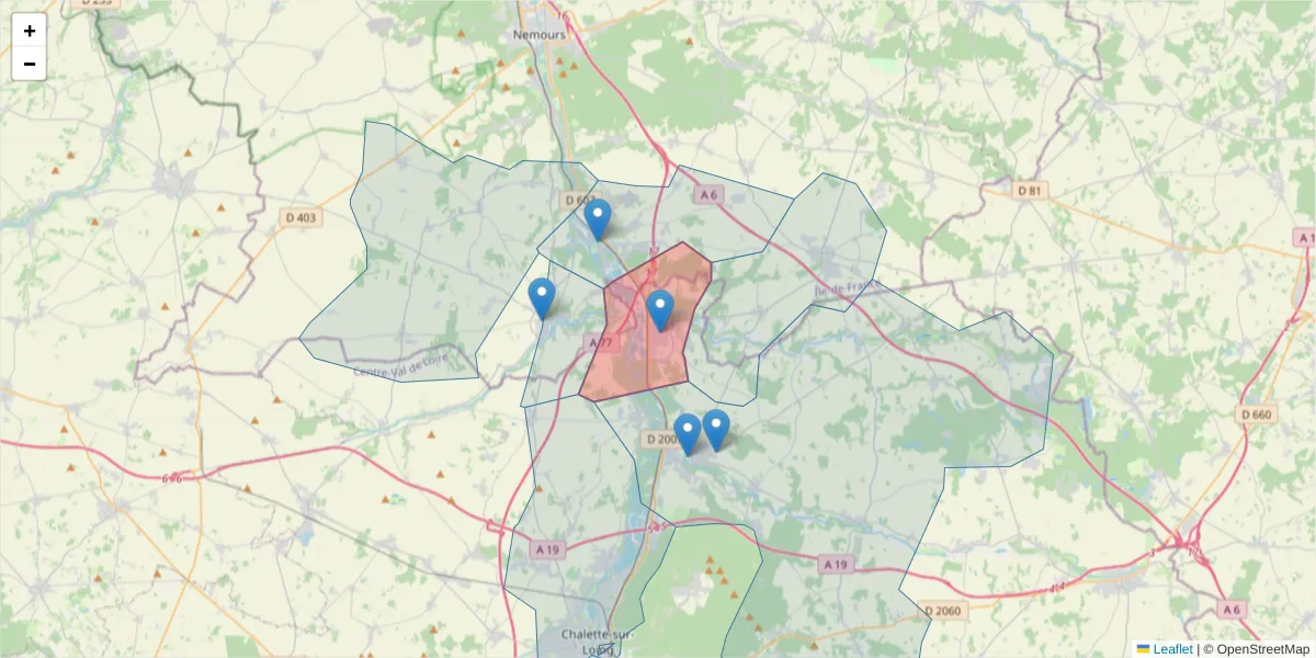 Carte de la zone du code postal  et des codes postaux voisins en France