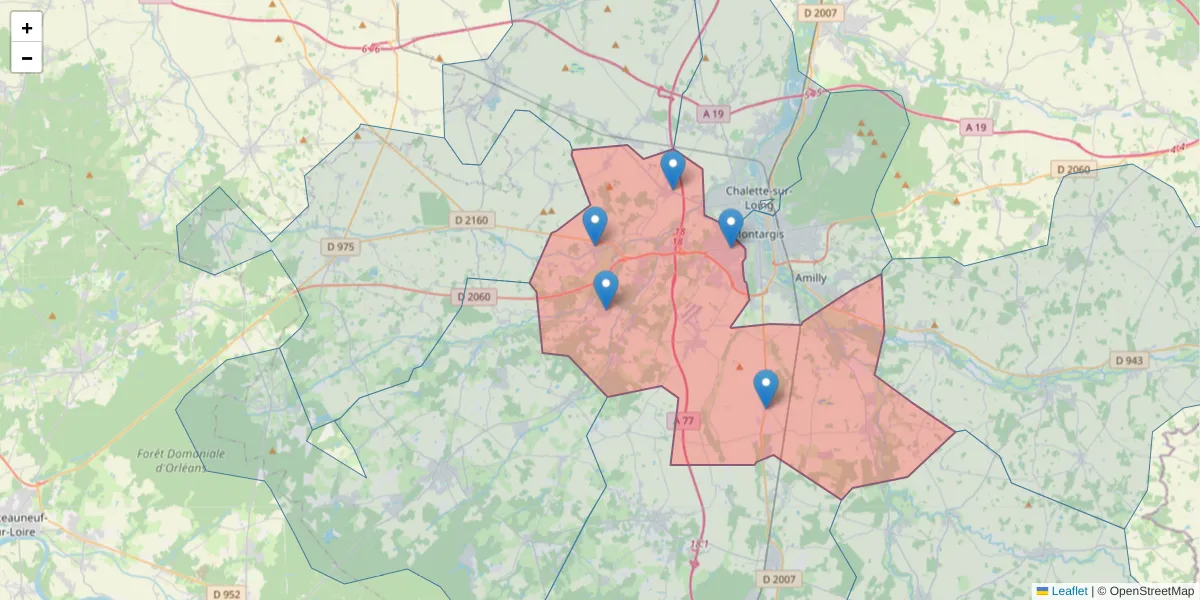 Carte de la zone du code postal  et des codes postaux voisins en France