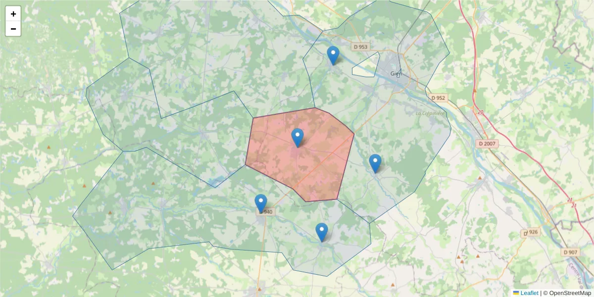 Carte de la zone du code postal  et des codes postaux voisins en France
