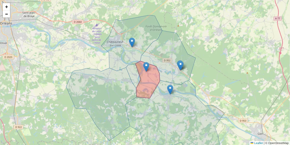 Carte de la zone du code postal  et des codes postaux voisins en France