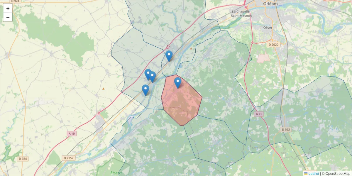 Carte de la zone du code postal  et des codes postaux voisins en France