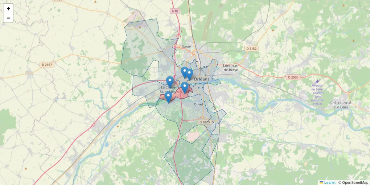 Carte de la zone du code postal  et des codes postaux voisins en France