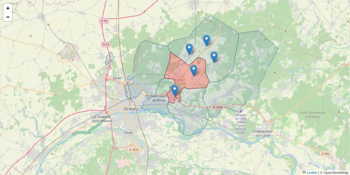 Carte de la zone du code postal  et des codes postaux voisins en France