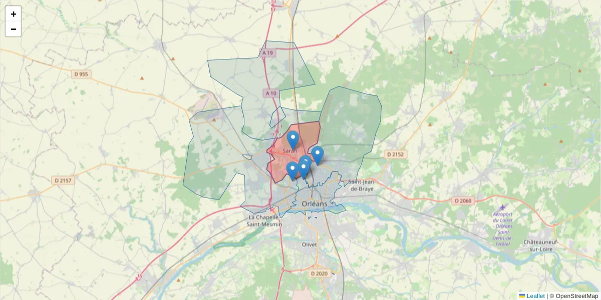 Carte de la zone du code postal  et des codes postaux voisins en France