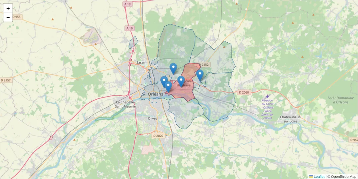 Carte de la zone du code postal  et des codes postaux voisins en France