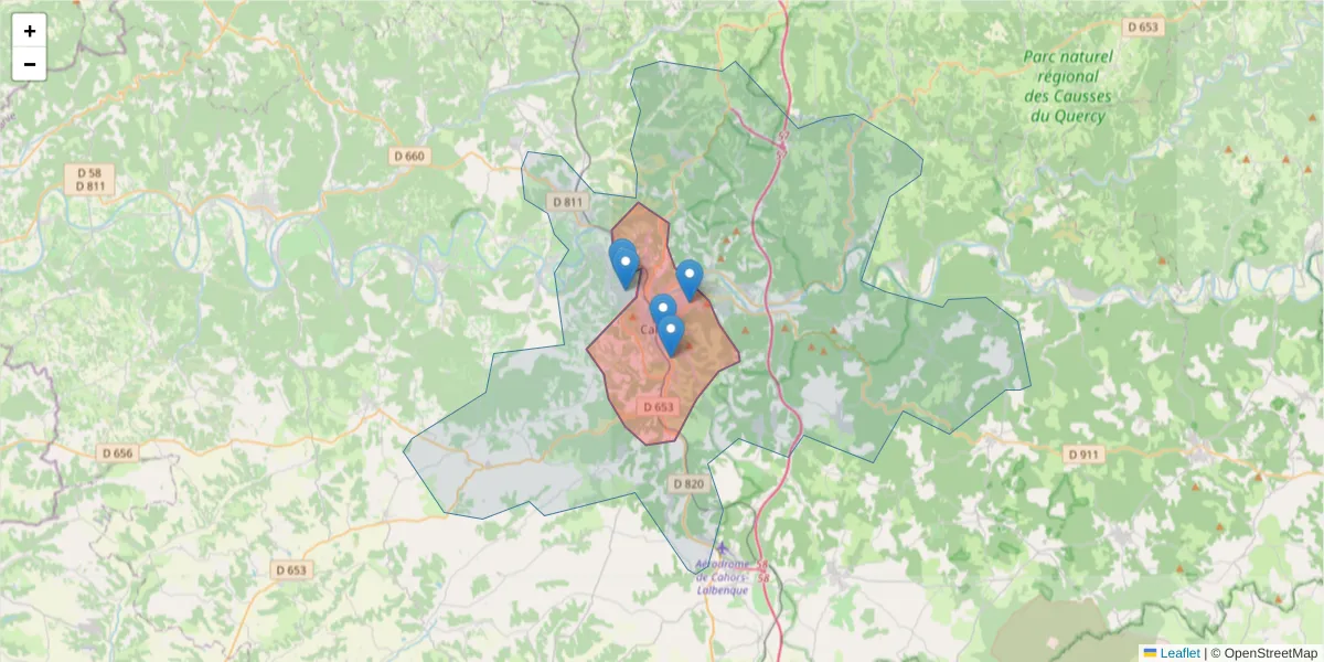 Carte de la zone du code postal  et des codes postaux voisins en France