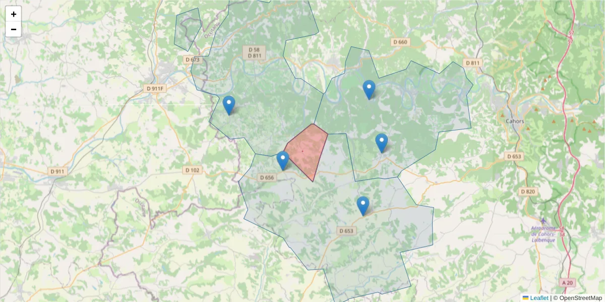 Carte de la zone du code postal  et des codes postaux voisins en France