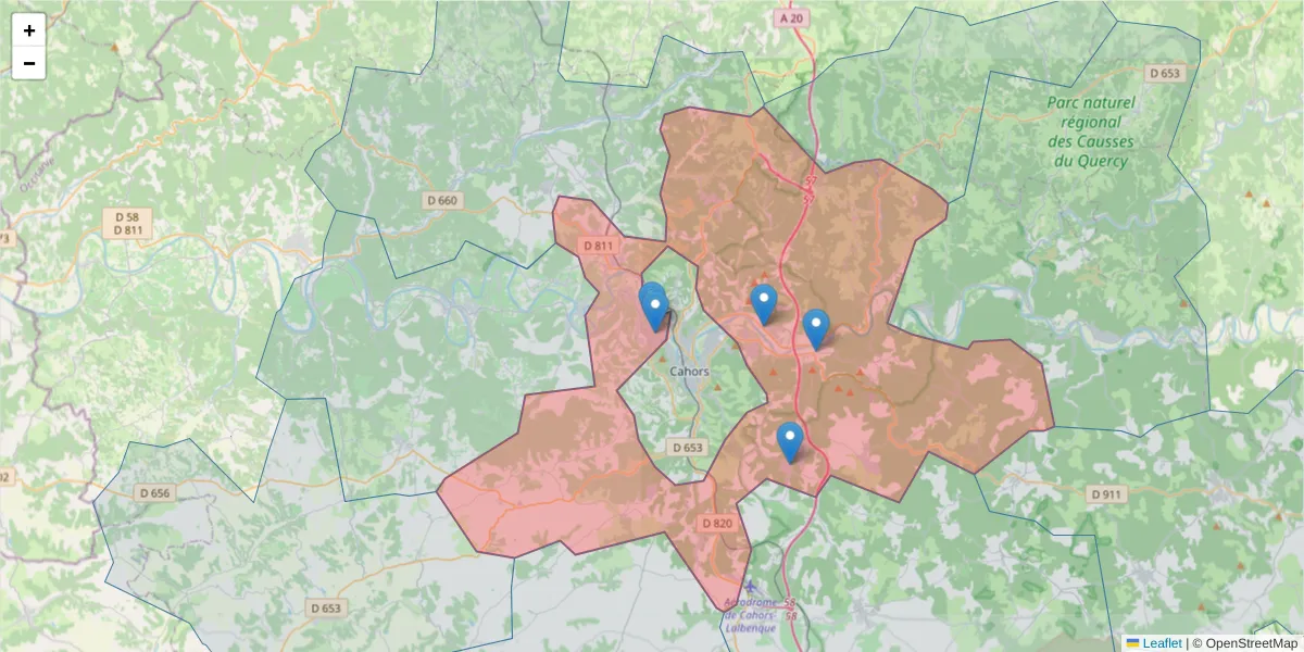 Carte de la zone du code postal  et des codes postaux voisins en France