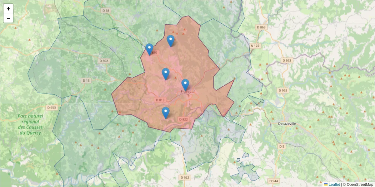 Carte de la zone du code postal  et des codes postaux voisins en France
