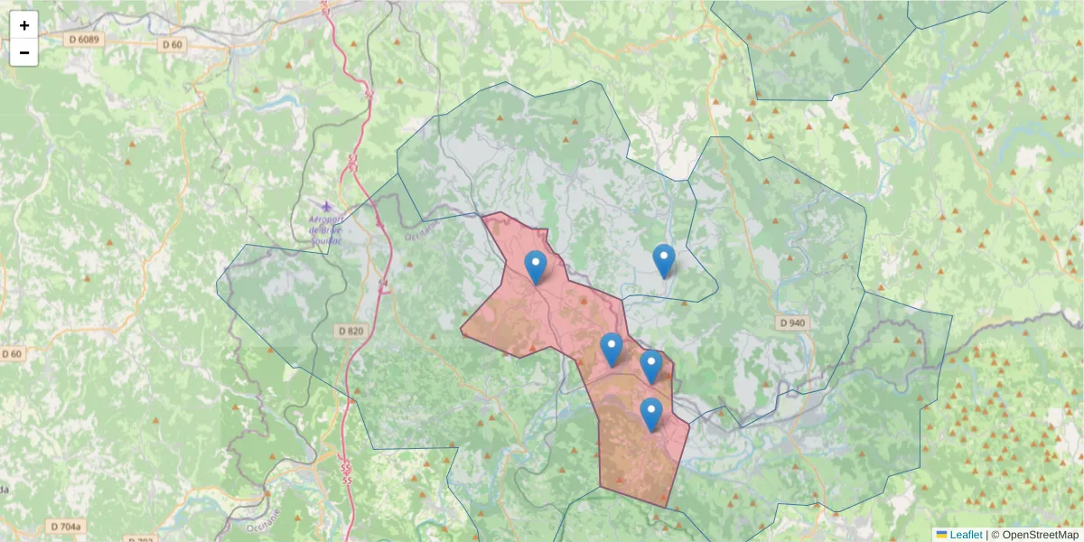 Carte de la zone du code postal  et des codes postaux voisins en France