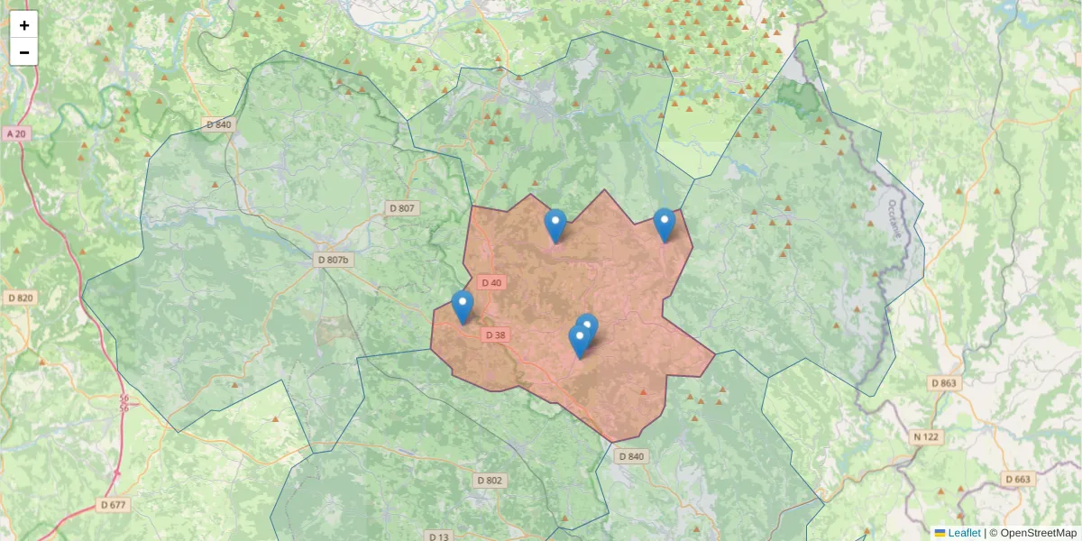 Carte de la zone du code postal  et des codes postaux voisins en France