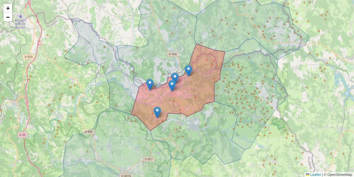 Carte de la zone du code postal  et des codes postaux voisins en France