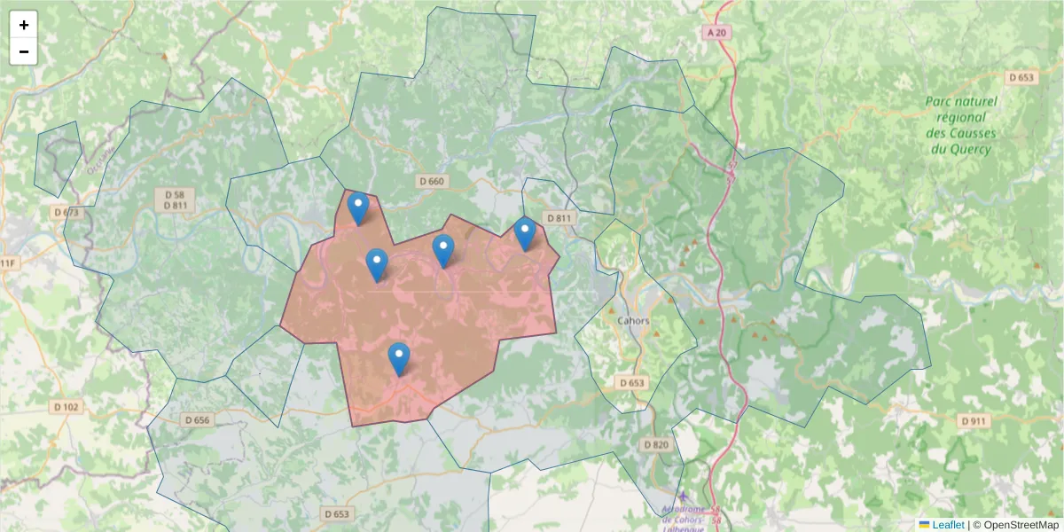 Carte de la zone du code postal  et des codes postaux voisins en France