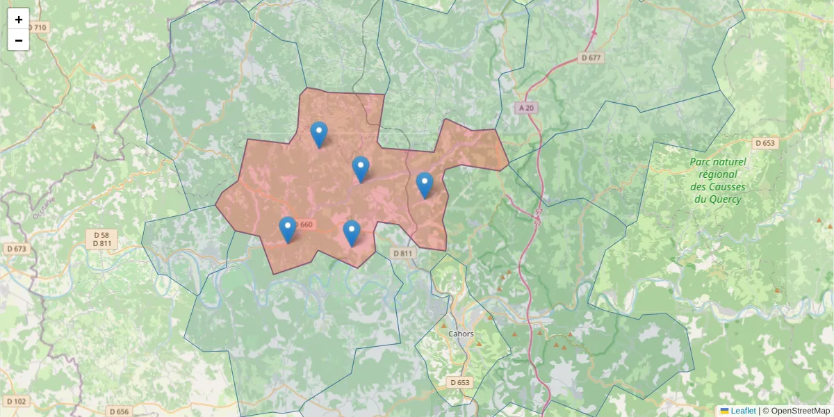 Carte de la zone du code postal  et des codes postaux voisins en France