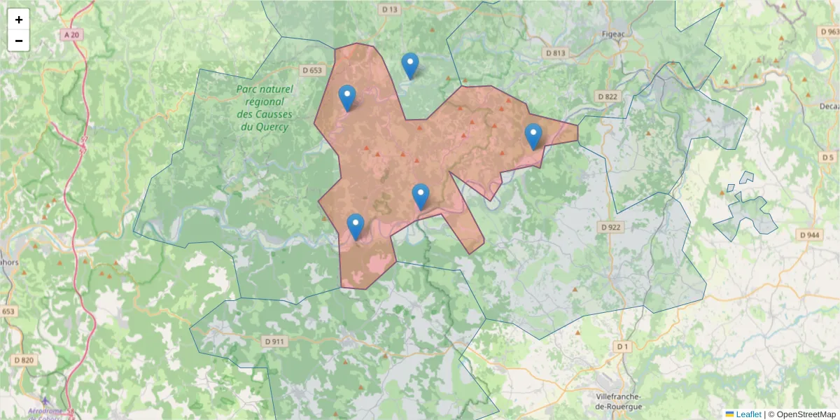 Carte de la zone du code postal  et des codes postaux voisins en France